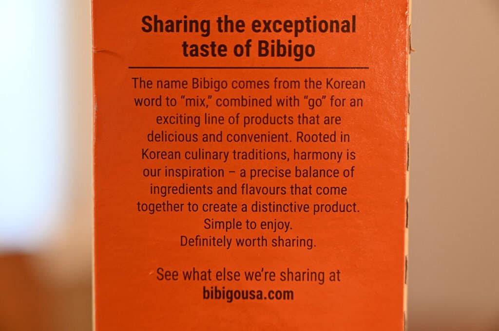 Text on the box with some background on the Bibigo brand.