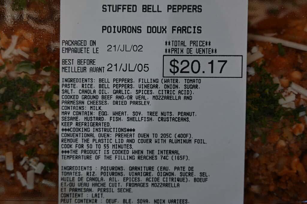 The ingredients list and cooking instructions for the Kirkland Signature Stuffed Bell Peppers.