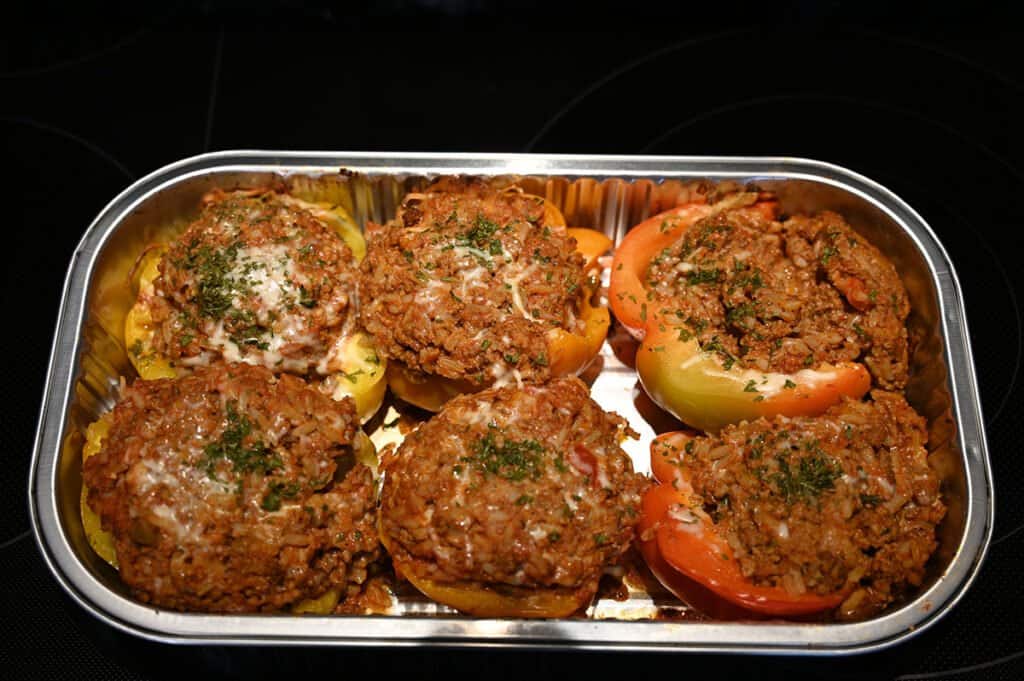 The tray of Stuffed Bell Peppers after they've been cooked.