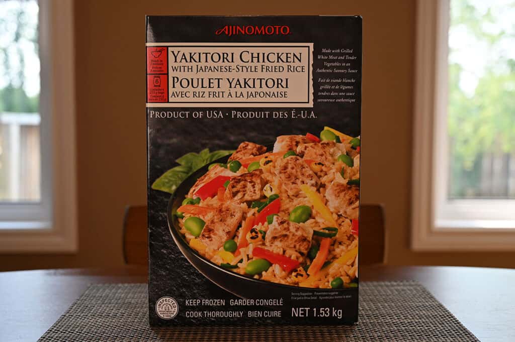 A box of the Ajinomoto Yakitori Chicken with Japanese-Style Fried Rice from Costco.