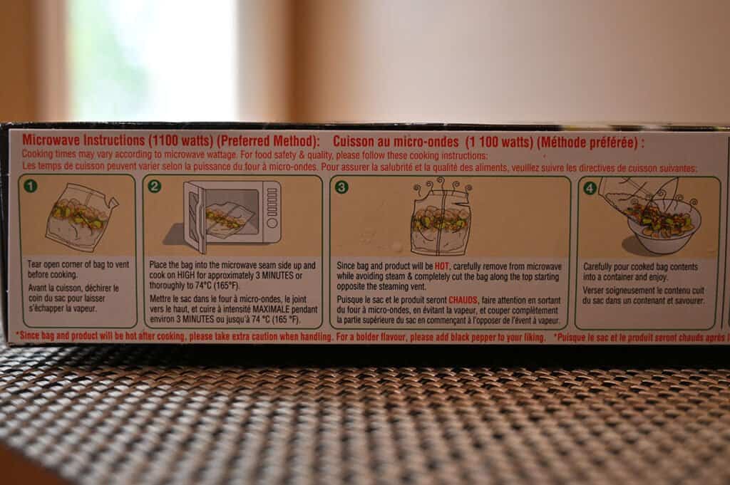 Cooking instructions for the fried rice, chicken and vegetables.