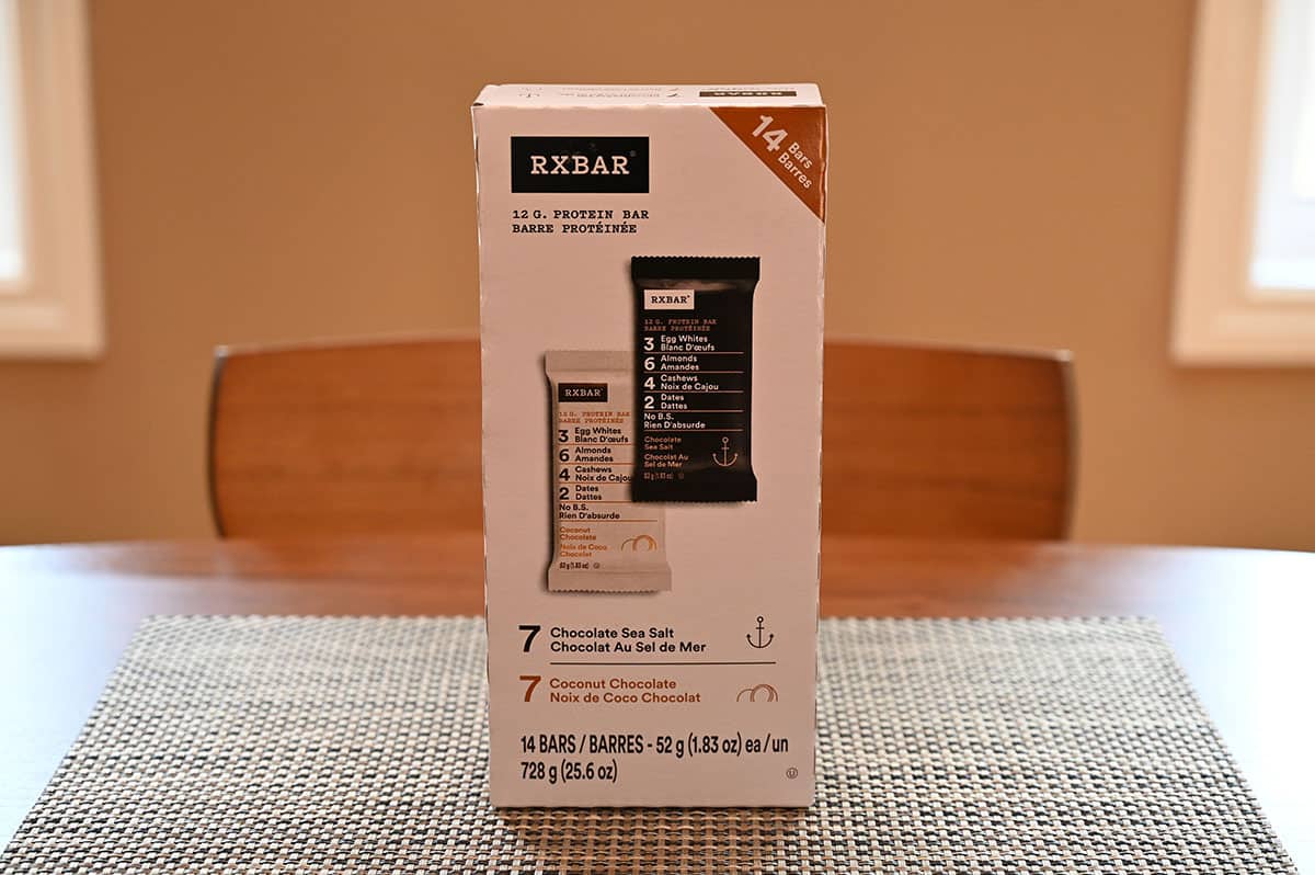 A box of the RXBAR Protein Bars sitting on a table.