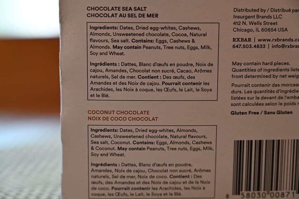 Ingredients lists for the two flavors of protein bars.