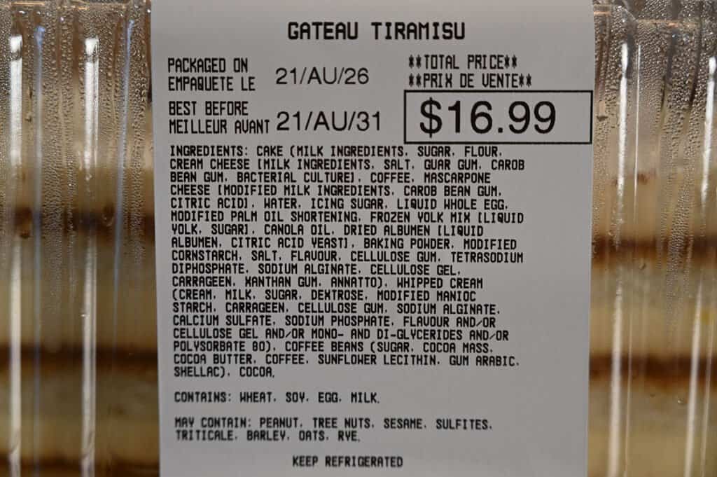 The ingredients list for the Tiramisu Cake from Costco.