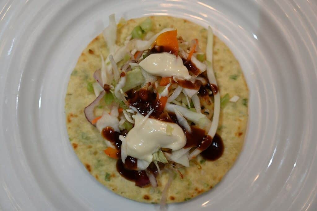 Costco Chicken Yakitori Flatbread prepared and on a plate closeup 