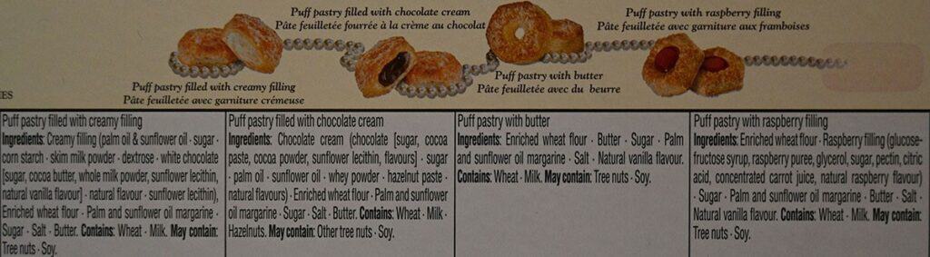 Costco Matilde Vicenzi Millefoglie D'Italia Puff Pastries Ingredients for creamy filling, chocolate cream filling, puff pastry with butter and raspberry filling. 