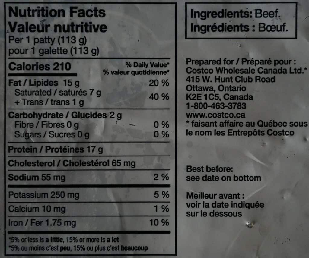 Costco Kirkland Signature Lean Ground Beef Patties Nutrition Facts and ingredients