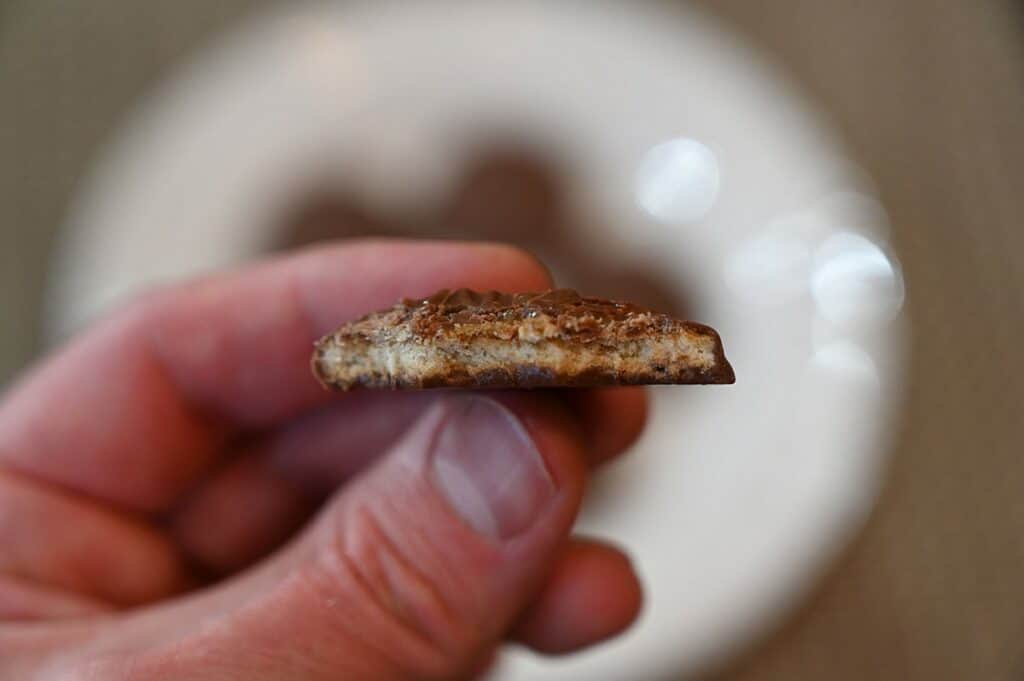 Costco Le Chic Patissier Chocolate Caramel Dutch Cookies close up photo of middle of cookie with a bite taken out of it 