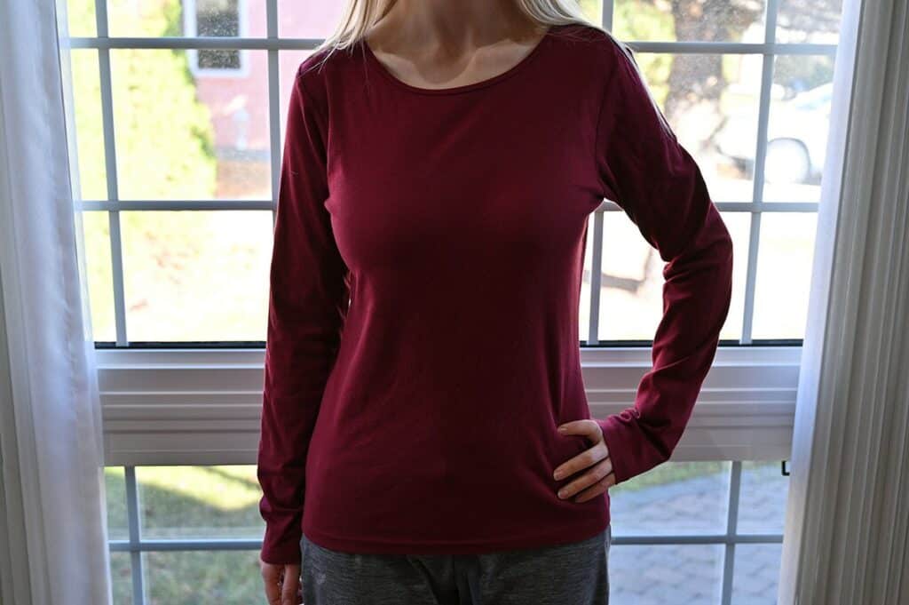 Costco Ellen Tracy Women's Long-Sleeved Shirt red shirt on 