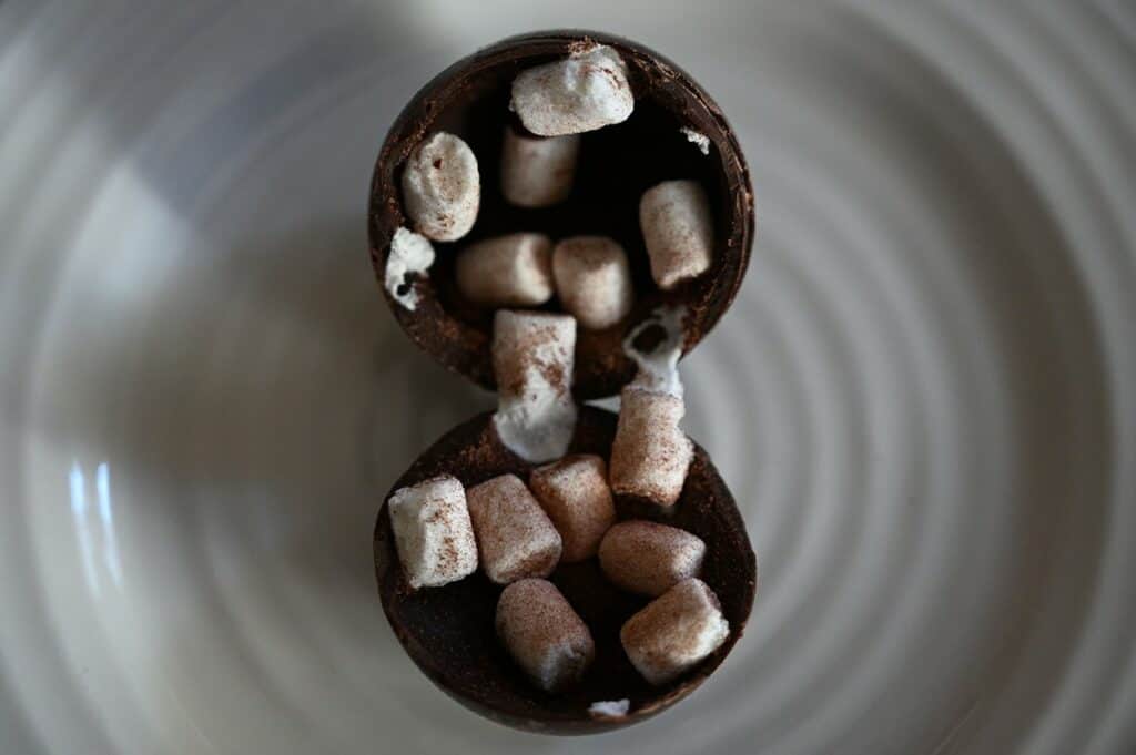 Costco Deavas Hot Chocolate Bombs - chocolate bomb open with marshmallows in the inside