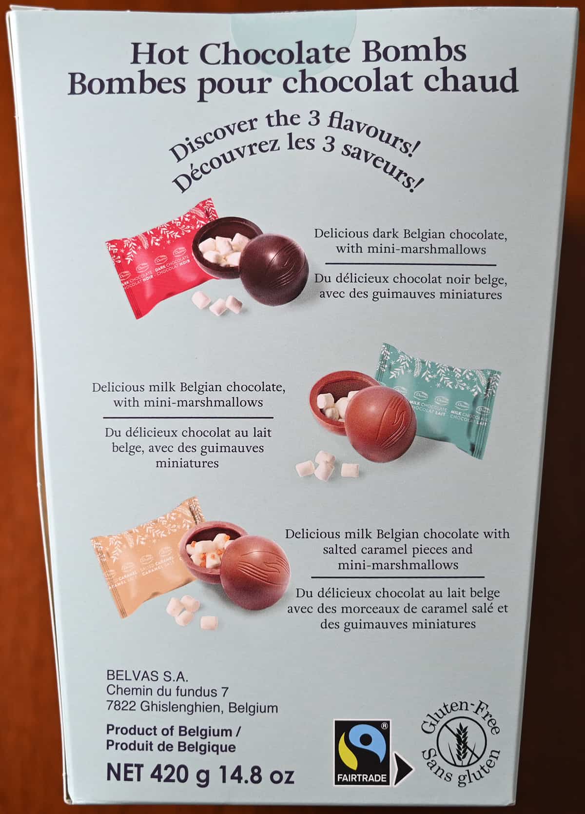 Image of the back of the hot chocolate bomb box showing the three kinds and that they're made in Belgium.