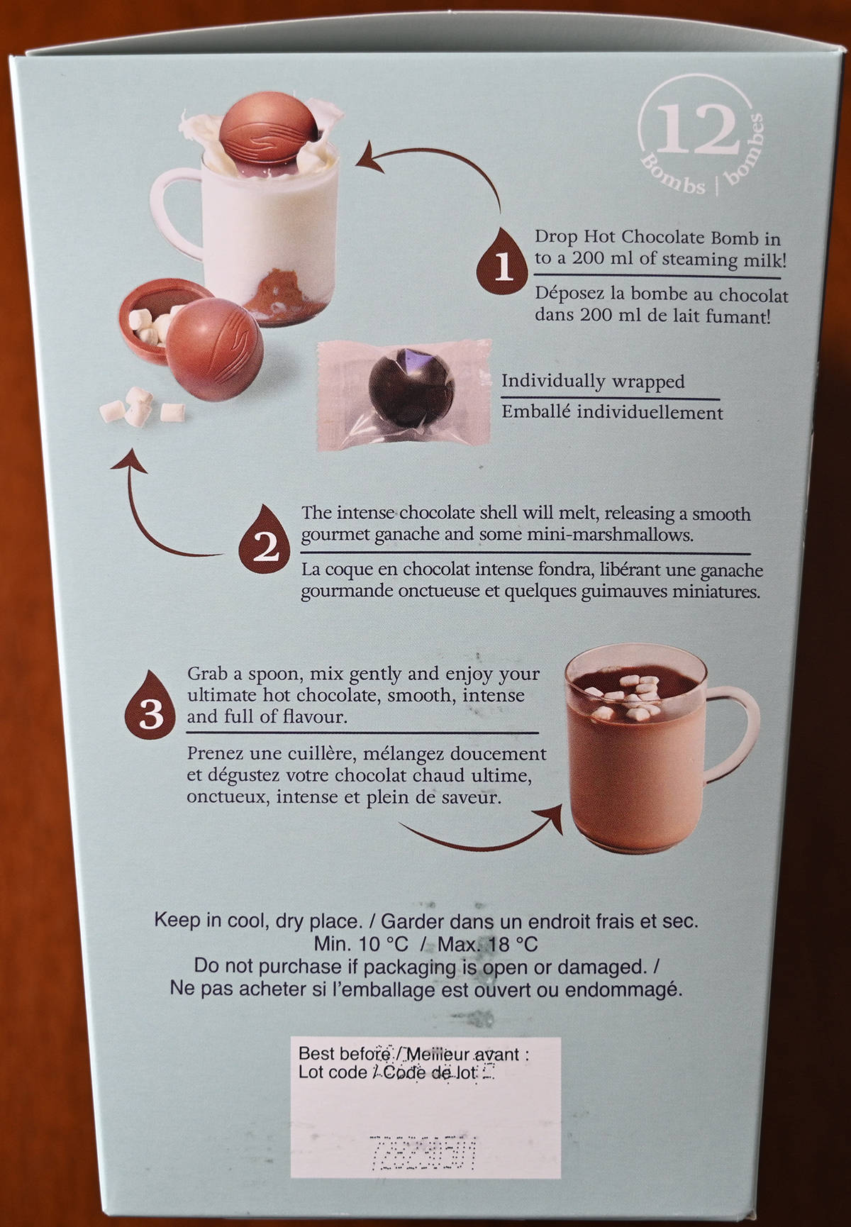 Image of the back of the box showing the directions on how to make the hot chocolate with the bombs.