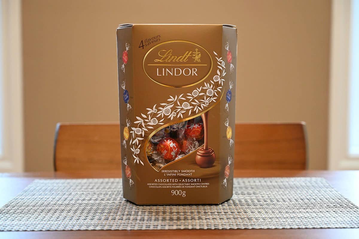 Image of the Costco Lindt Lindor Christmas season box sitting on a table.