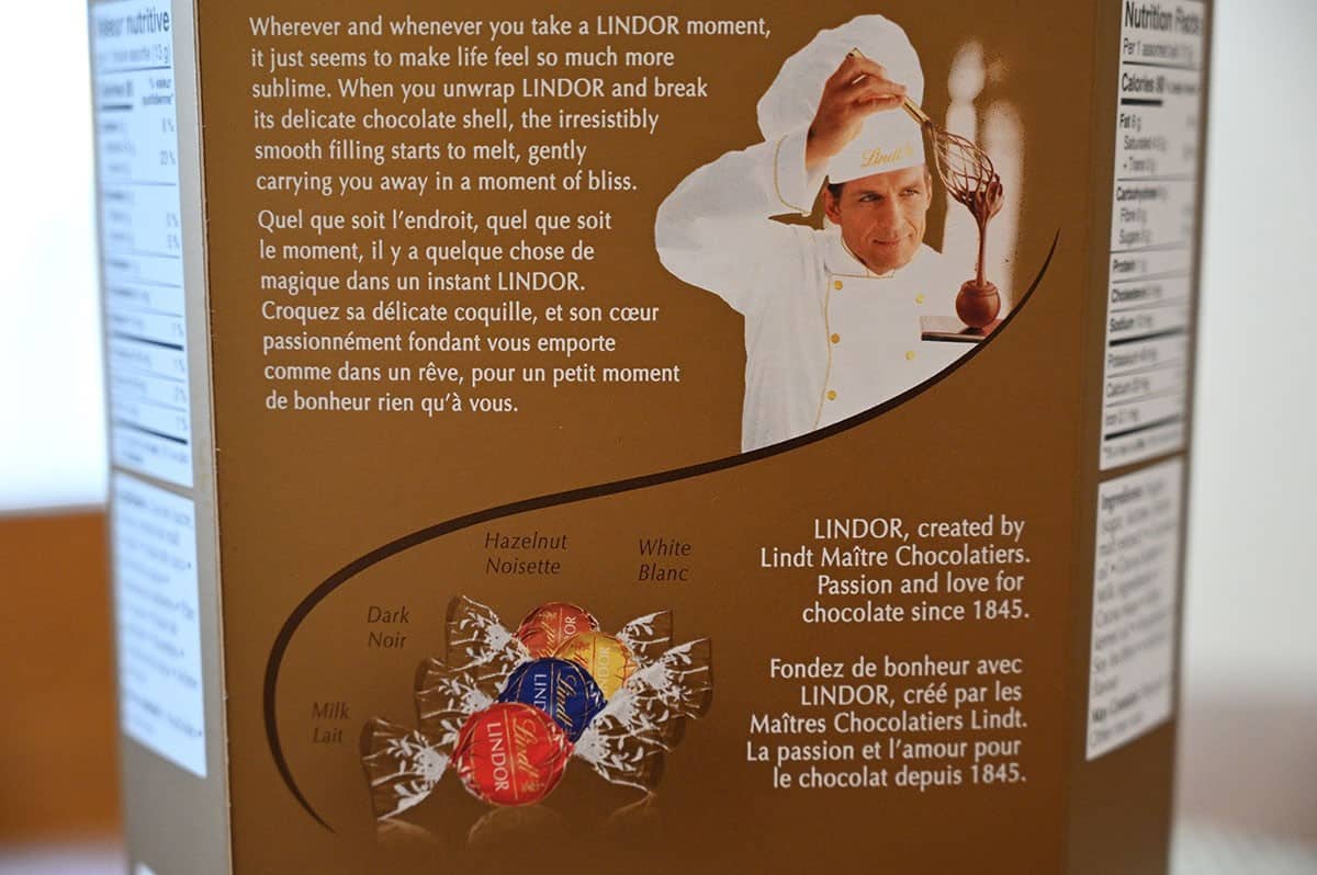 Image of the assorted chocolates Christmas season box product description from the back of the box.