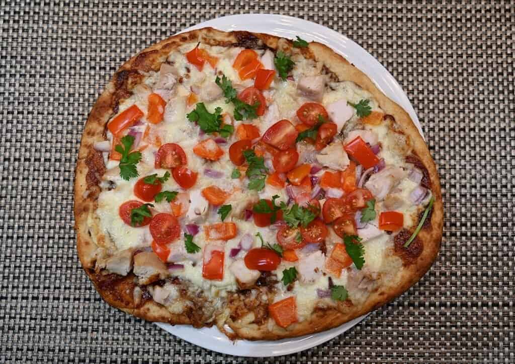 Costco Molinaro's Napolitano Pizza Kit image of a BBQ chicken pizza cooked using the kit. 