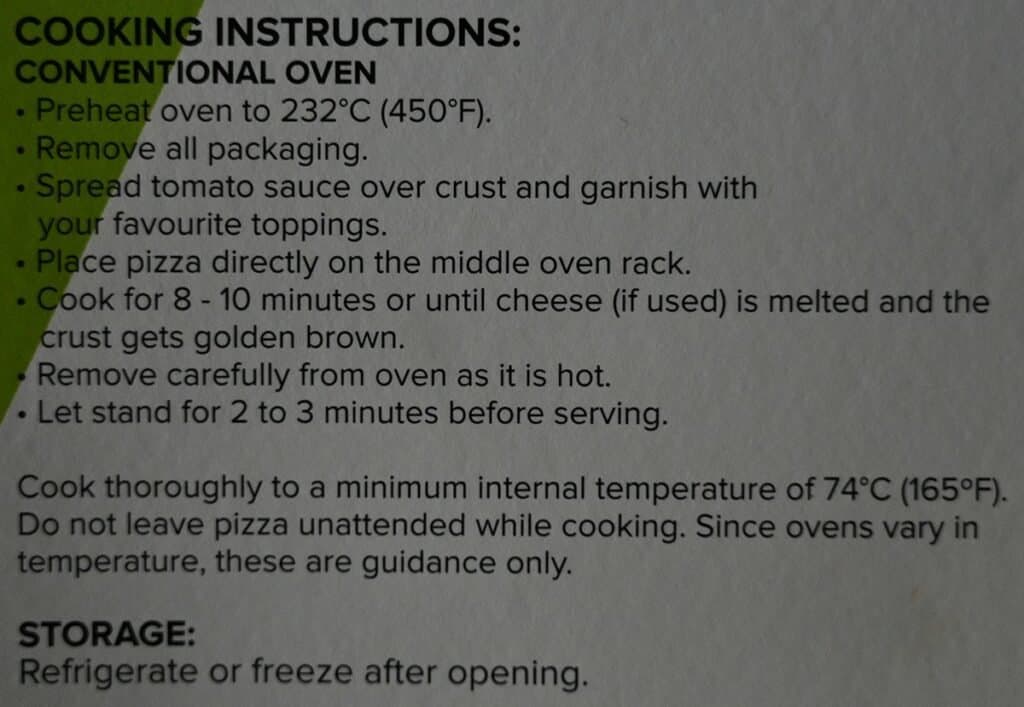 Costco Molinaro's Napolitano Pizza Kit cooking instructions and storage instructions