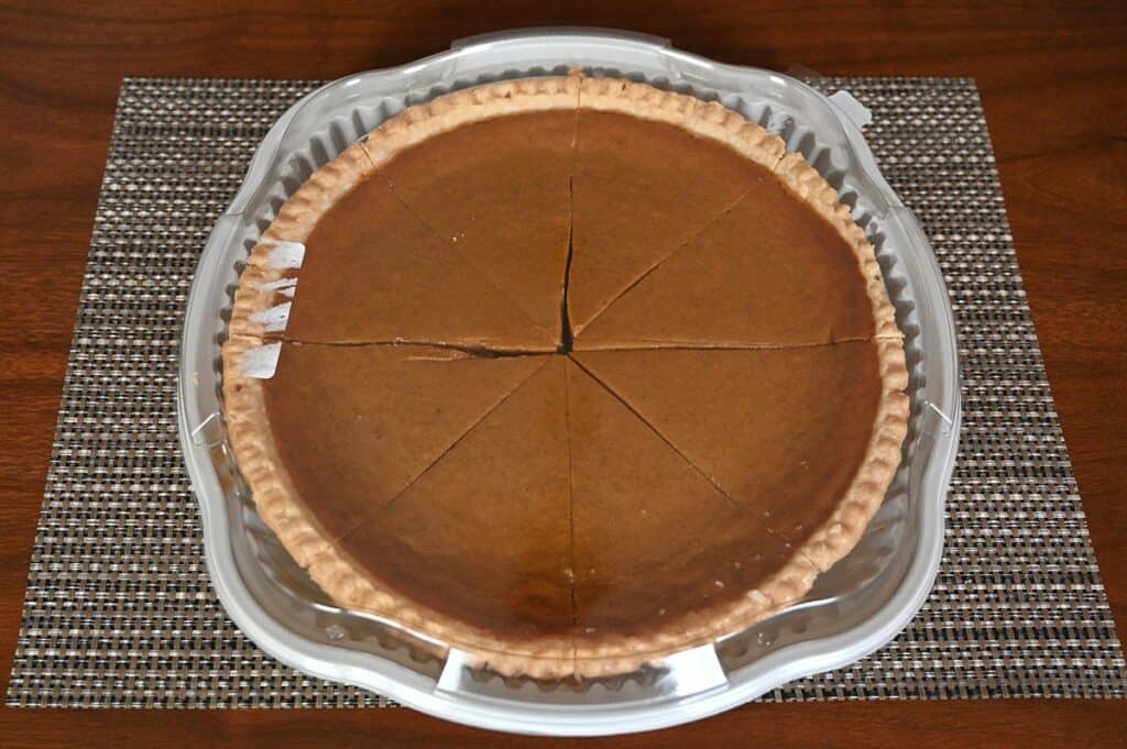 The Pumpkin Pie sliced and ready to freeze in its plastic container.