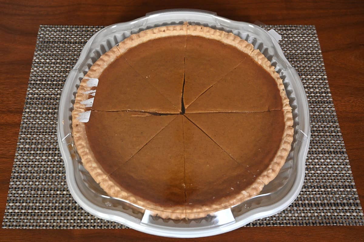 The Pumpkin Pie sliced and ready to freeze in its plastic container.