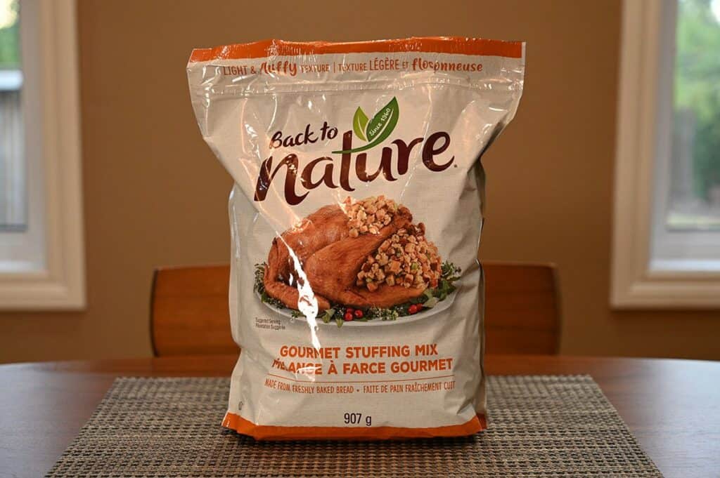 Costco Back to Nature Gourmet Stuffing Mix bag sitting on table 