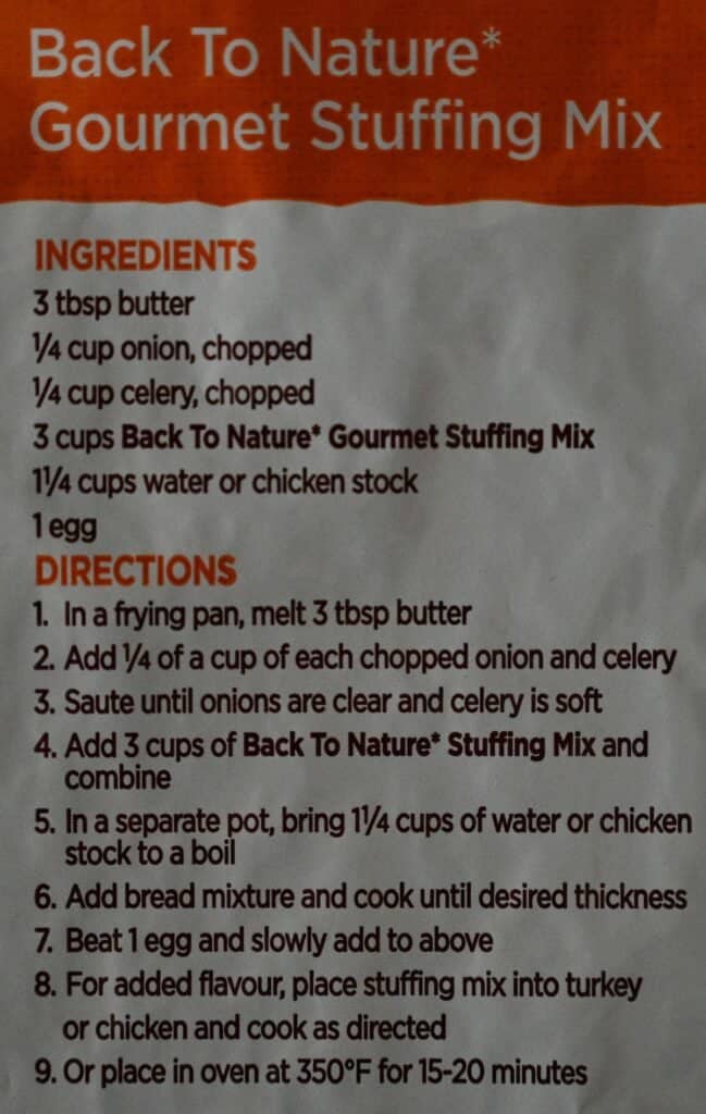 Costco Back to Nature Gourmet Stuffing Mix Cooking Instructions