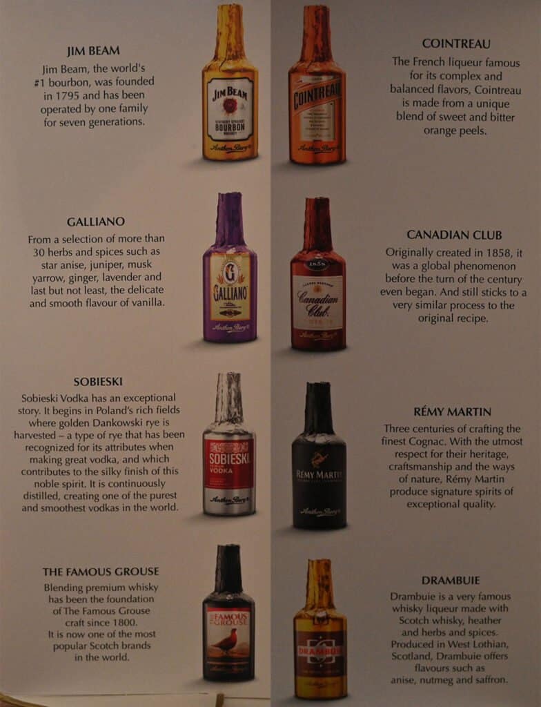 Photo showing the types of liquor used in the various chocolates.