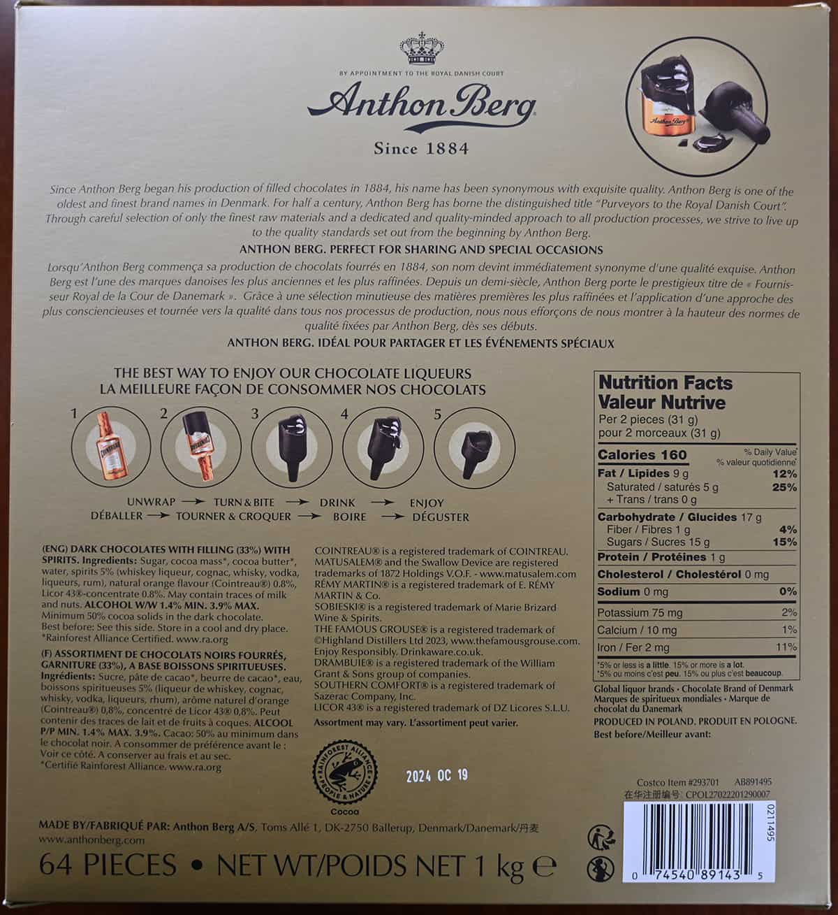 Image of the back of the box of the chocolates showing ingredients, nutrition facts, expiry date and product description.