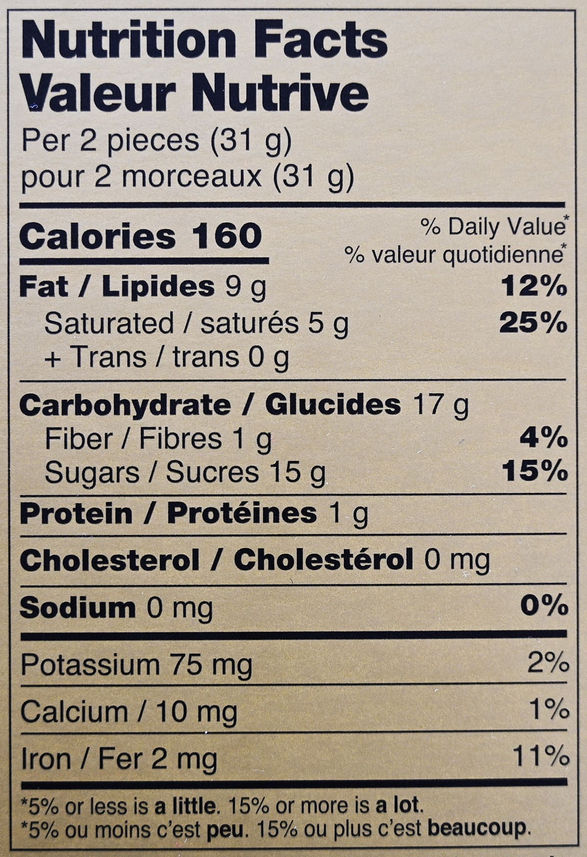 Image of the nutriton facts for the chocolates from the back of the box.