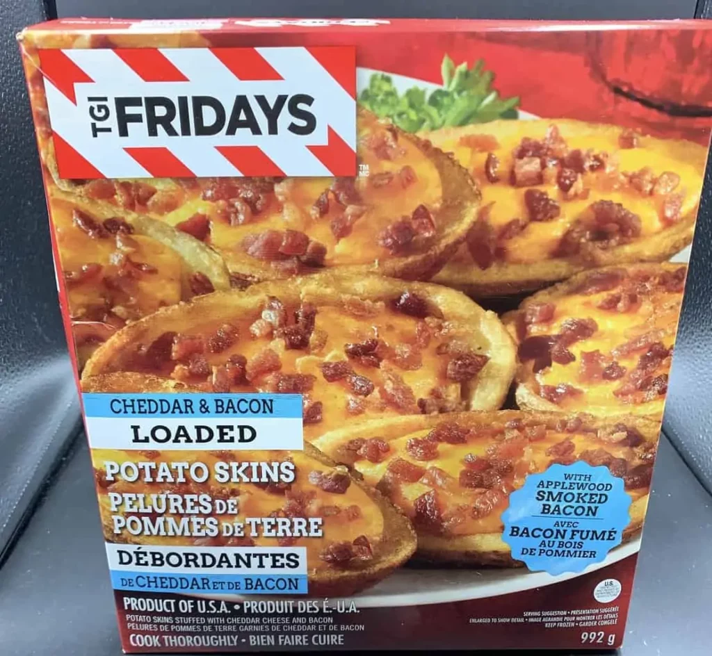 Photo of the box of TGI Fridays Cheddar & Bacon Loaded Potato Skins.