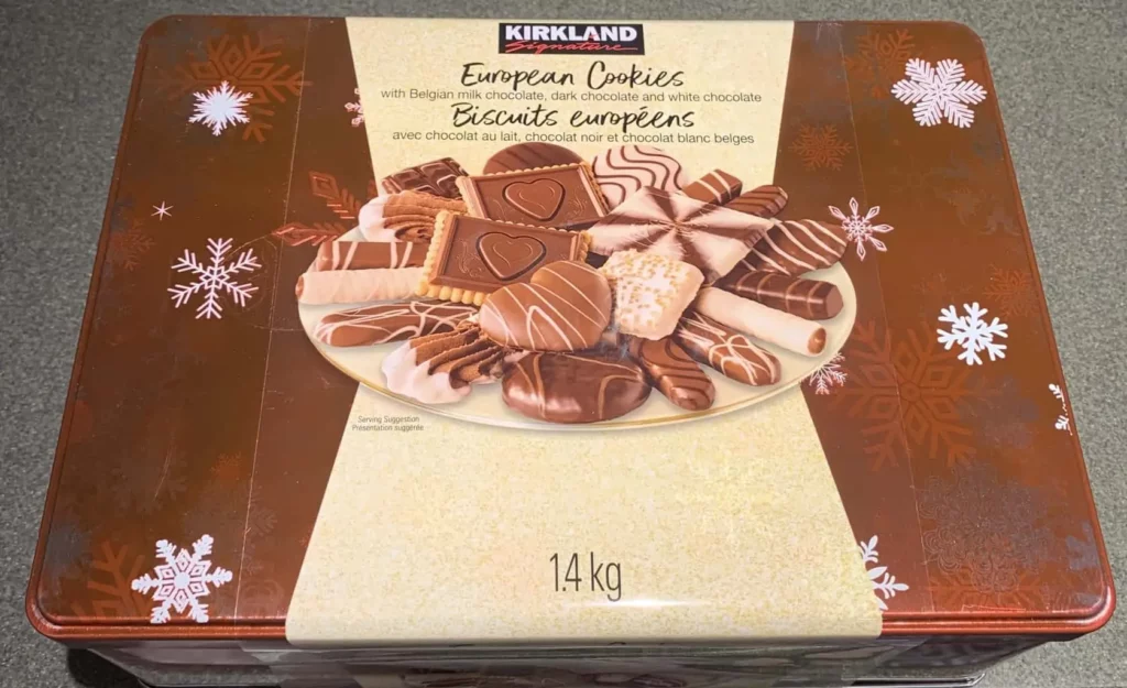 Top-down photo of the Kirkland Signature European Cookies tin.