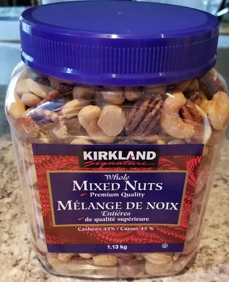 Photo of the Costco Kirkland Signature Premium Whole Mixed Nuts container.