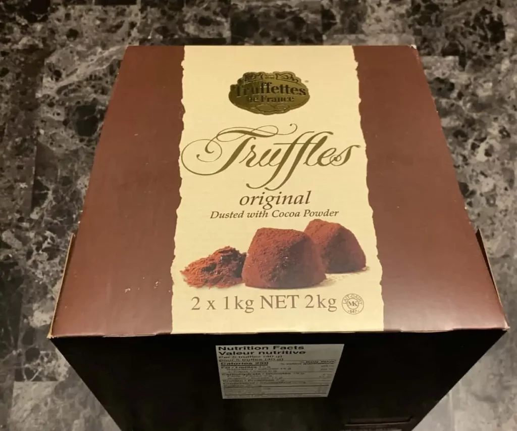 Top-down photo of the box of Costco Trufettes De France Chocolate Truffles.