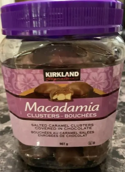Photo of the Costco Kirkland Signature Macadamia Clusters container.