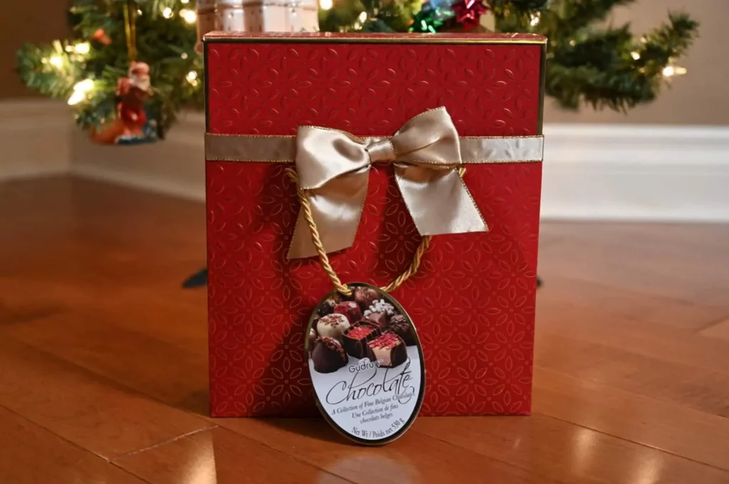 Photo of the Costco Gudrun Chocolates box in front of a Christmas tree.