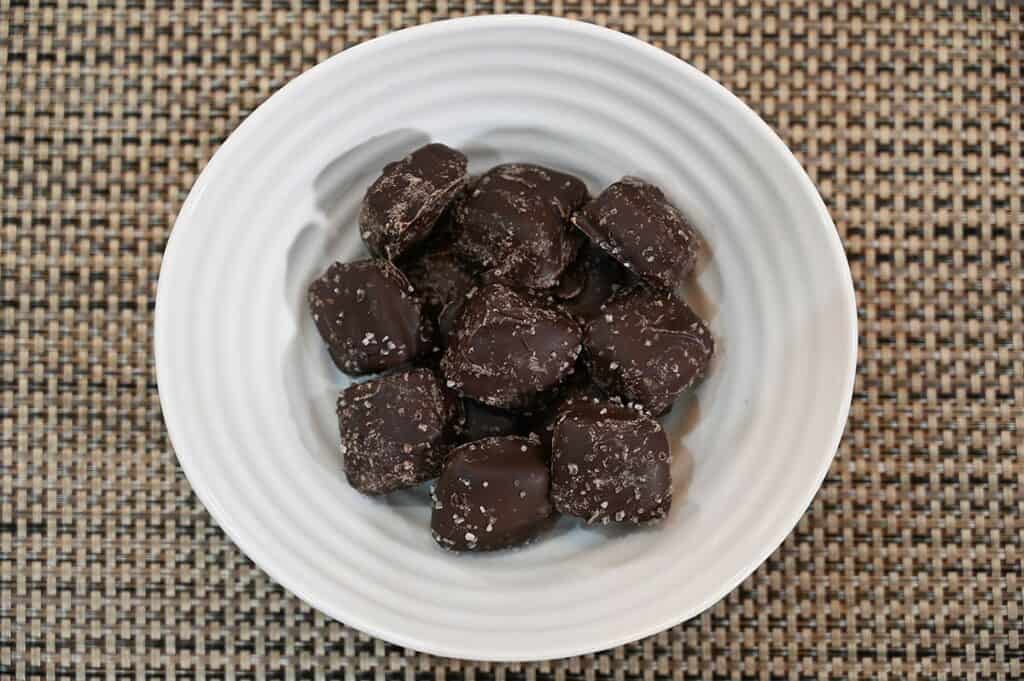 Image of the Costco Sanders Dark Chocolate Sea Salt Caramels poured out into a bowl - top down image 
