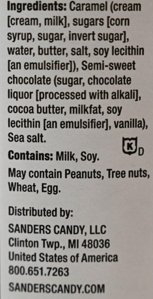 Image of the Costco Sanders Dark Chocolate Sea Salt Caramel Ingredients