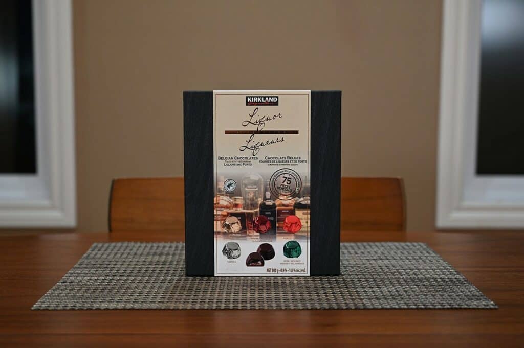 Image of the Costco Kirkland Signature Liquor Collection Belgian Chocolates box sitting on a table. 