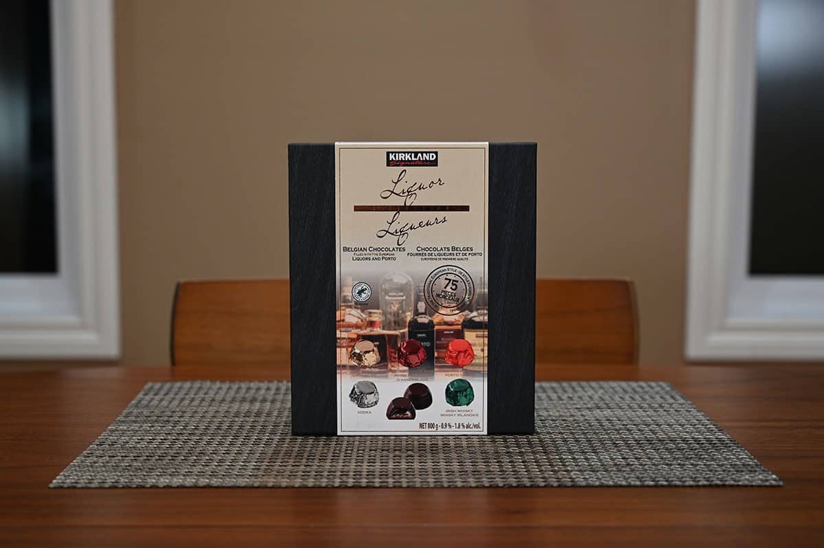 A photo of the box of Kirkland Signature Liquor Collection Belgian Chocolates.