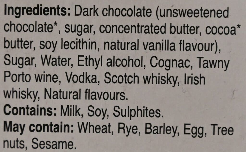 Image of the Costco Kirkland Signature Liquor Collection Belgian Chocolates ingredients