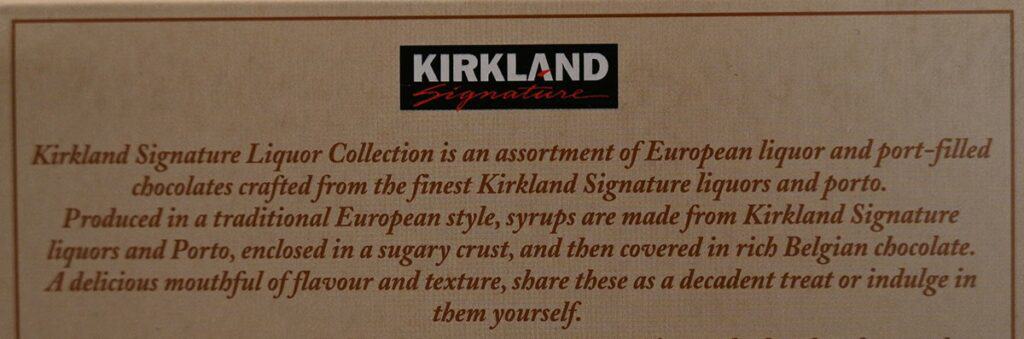 Image of the Costco Kirkland Signature Liquor Collection Belgian Chocolates product description from the box 