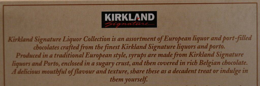 Image of the Costco Kirkland Signature Liquor Collection Belgian Chocolates product description from the box 