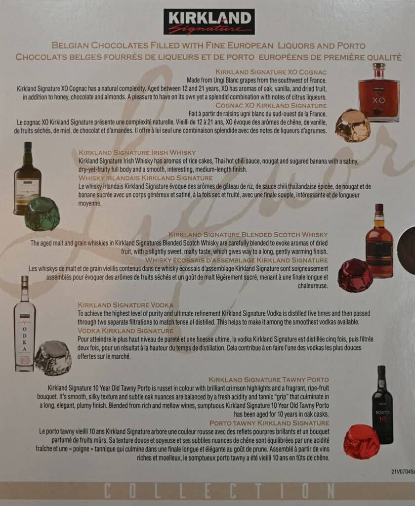 Image of the product description of the five different kinds of chocolates in the box of Kirkland Signature Liquor Collection Chocolates.