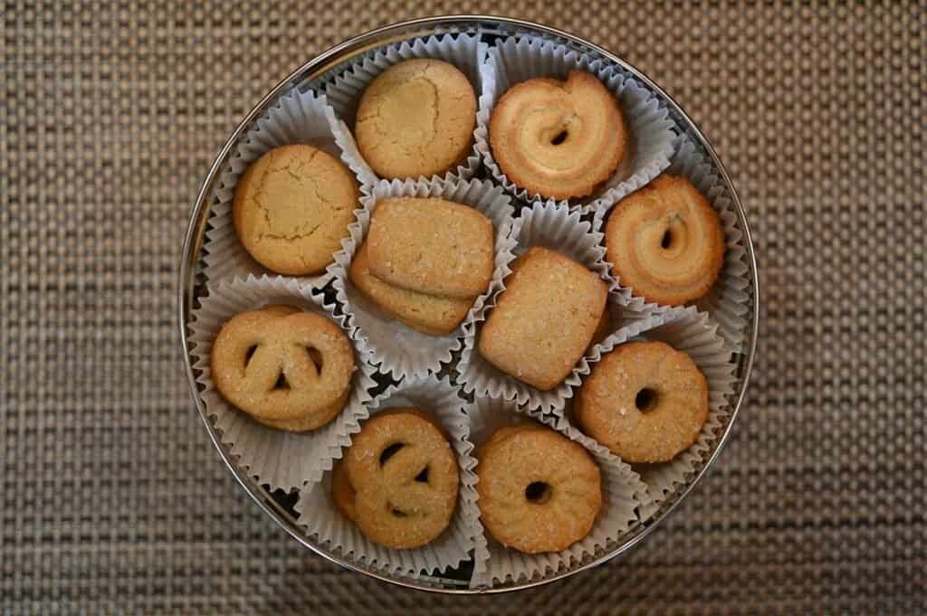 Costco Kelsen Danish Butter Cookies image of cookies in tin with lid off. 