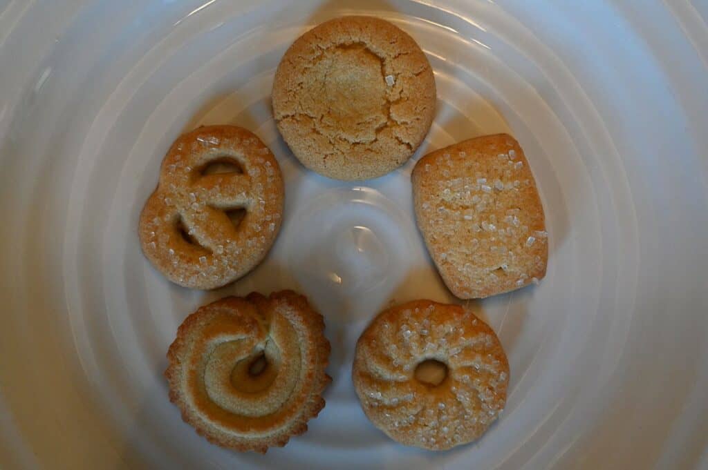 Costco Kelsen Danish Butter Cookies five danish butter cookies all different on a plate