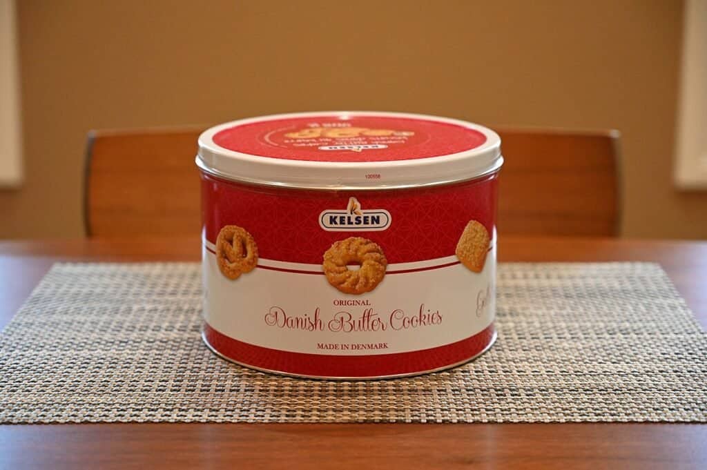 Costco Kelsen Danish Butter Cookies image of tin of cookies sitting on table