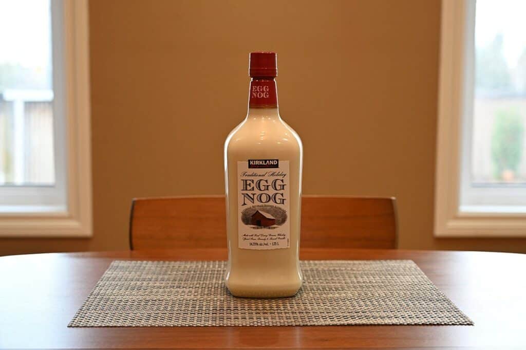 Image of the Costco Kirkland Signature Traditional Holiday Egg Nog bottle sitting on a table