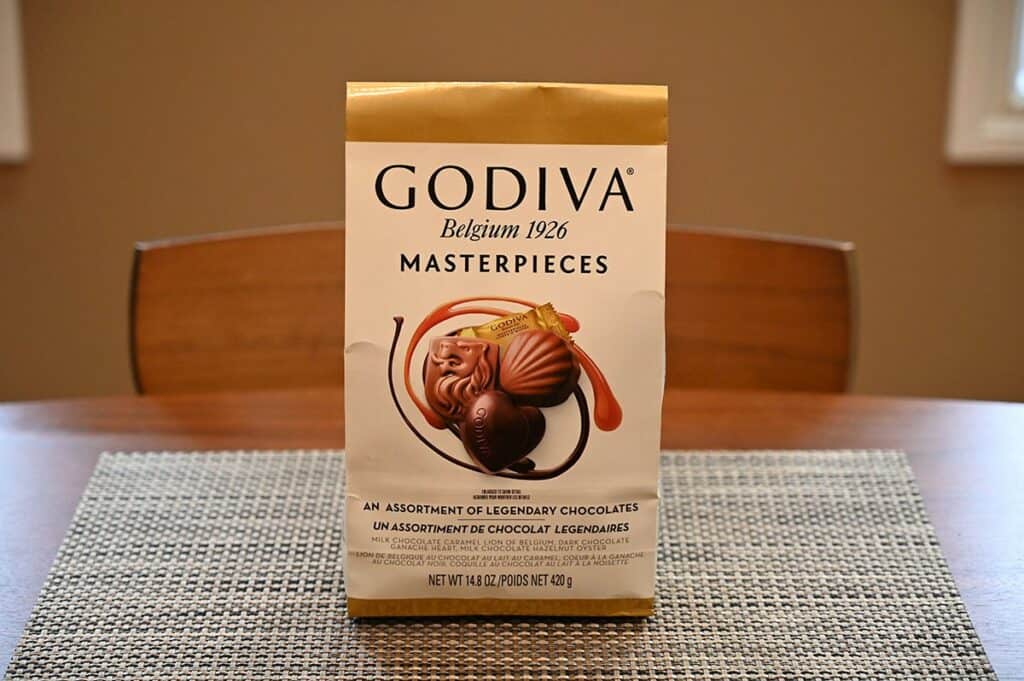 Costco Godiva Masterpieces Chocolates image of bag of chocolates on table 