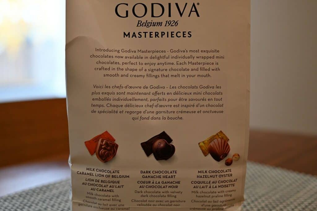 Costco Godiva Masterpieces Chocolates image of the back of the bag with a description of each three kinds of chocolates 