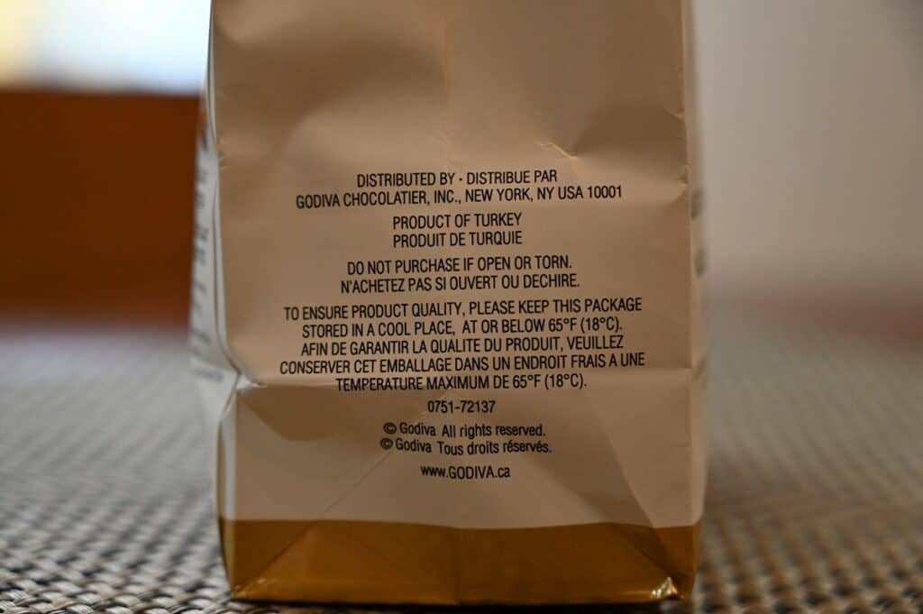 Costco Godiva Masterpieces Chocolates back of bag stating product of Turkey