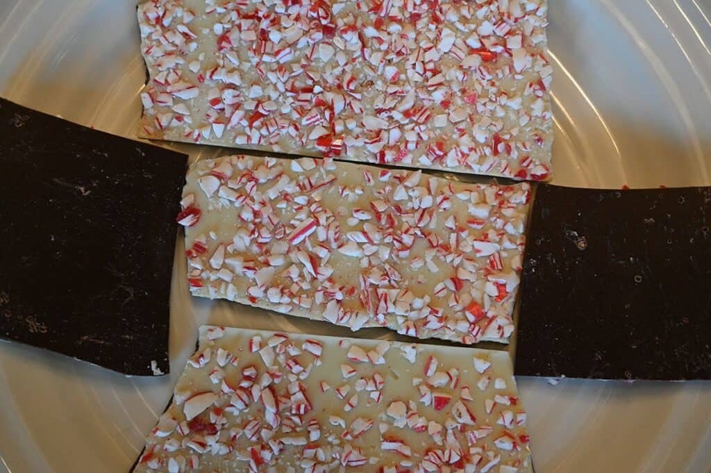 Closeup image of the Costco Kirkland Signature Peppermint Bark on a plate 