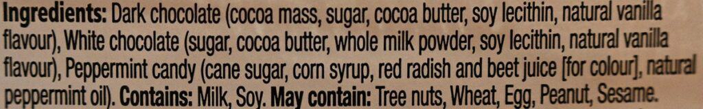 Image of the Costco Kirkland Signature Peppermint Bark ingredients 